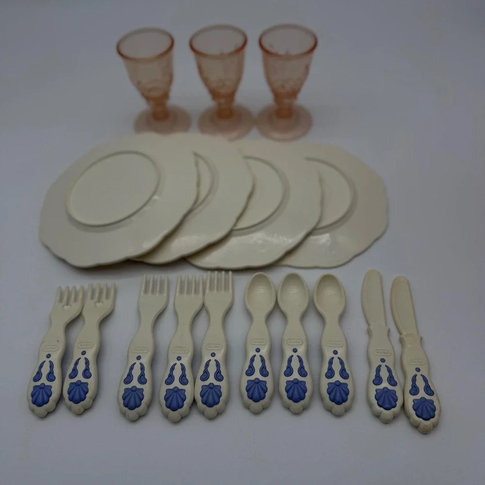 Vintage Little Tikes Toy Dish Set Plates Goblets Utensils Cream Blue Pink 17pc
